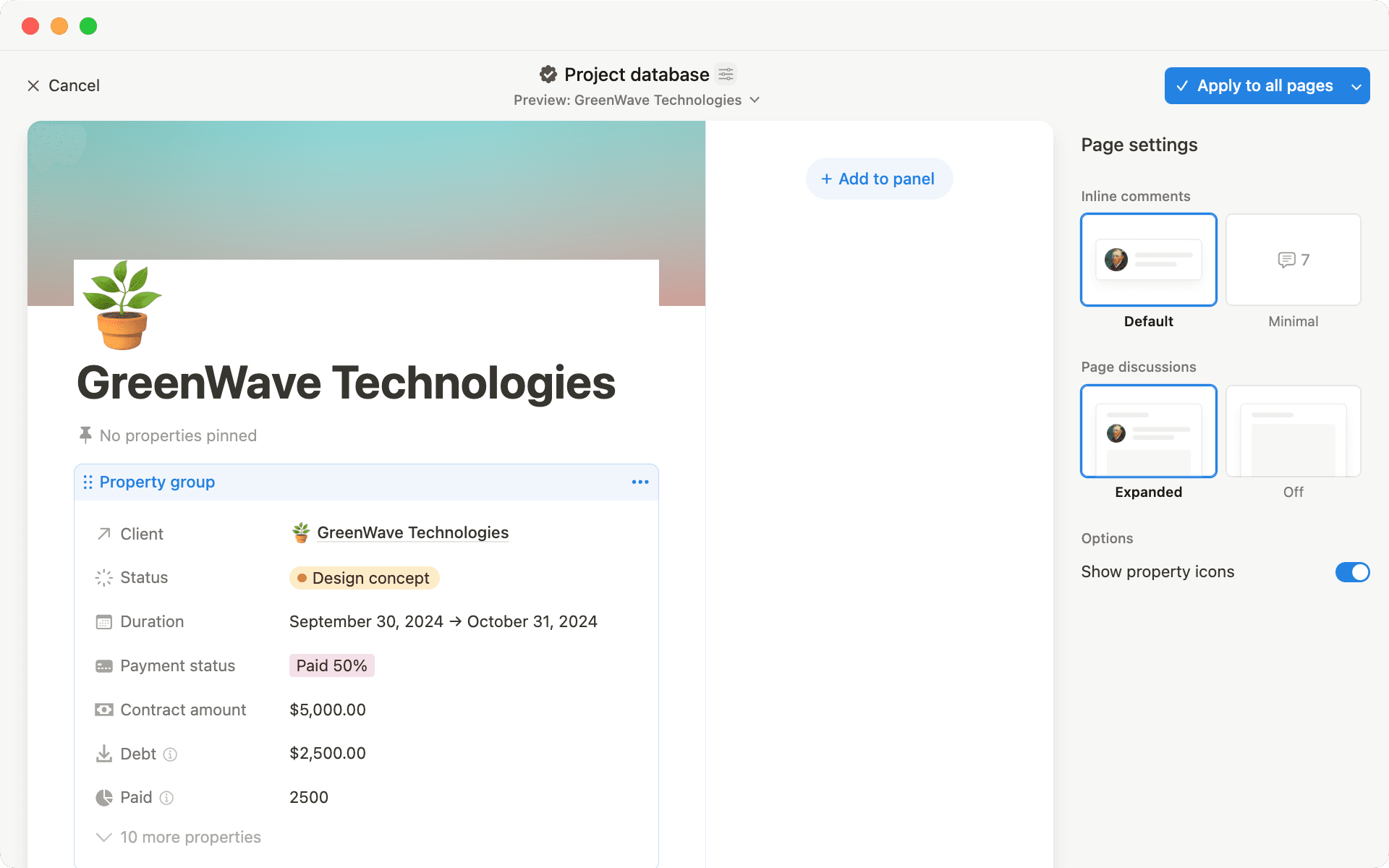 La herramienta para crear diseños te permite personalizar todo lo relacionado con la página de tu base de datos, desde anclar propiedades hasta crear un nuevo panel lateral.