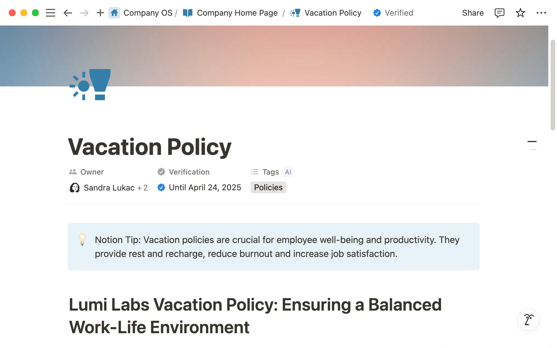 Verifica el contenido de tu espacio de trabajo para que todos sepan que está actualizado. Puedes establecer períodos de verificación para un tiempo específico o indefinidamente.