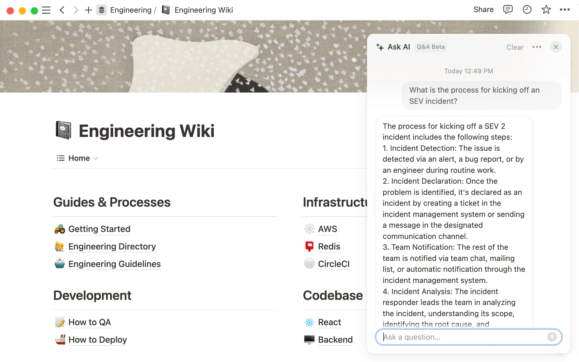Si tu wiki de programación está alojada en Notion, puedes aprovechar la función Q&A para inspirarte y volver rápido al trabajo.