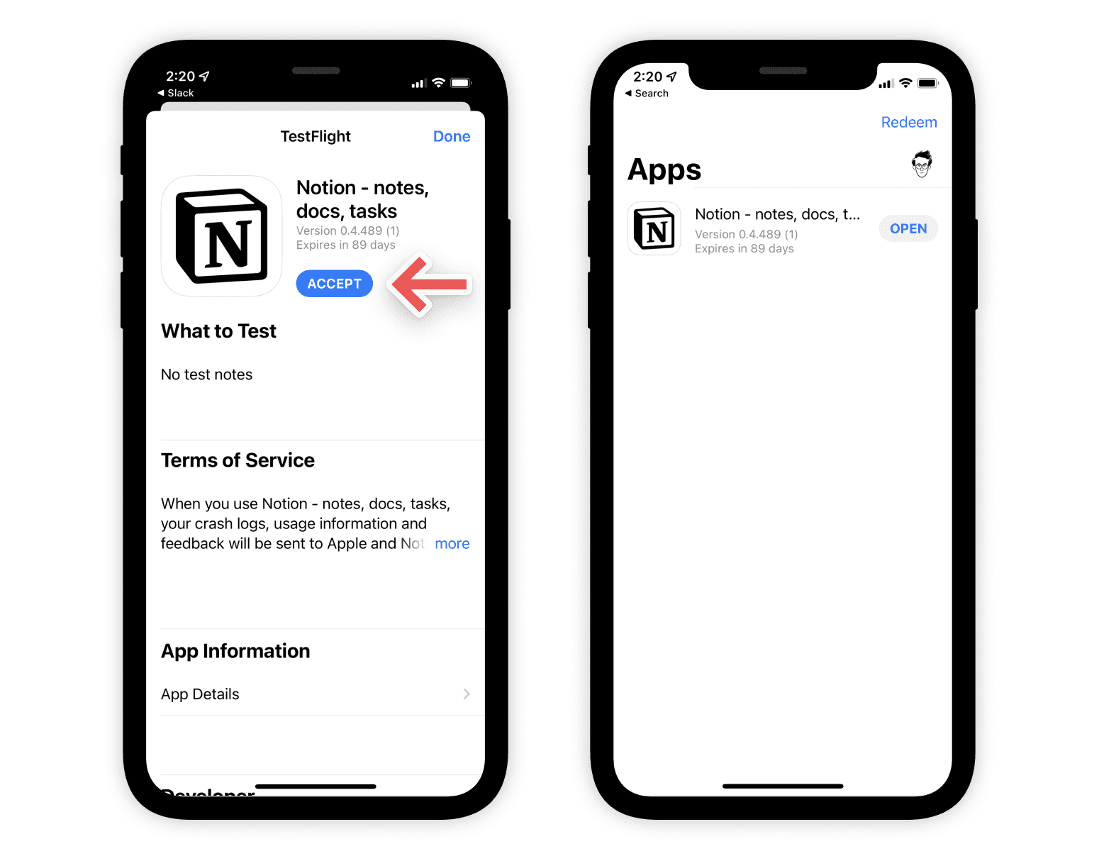 Capturas de pantalla de cómo se usa TestFlight para registrarse en la versión beta de Notion para iOS.