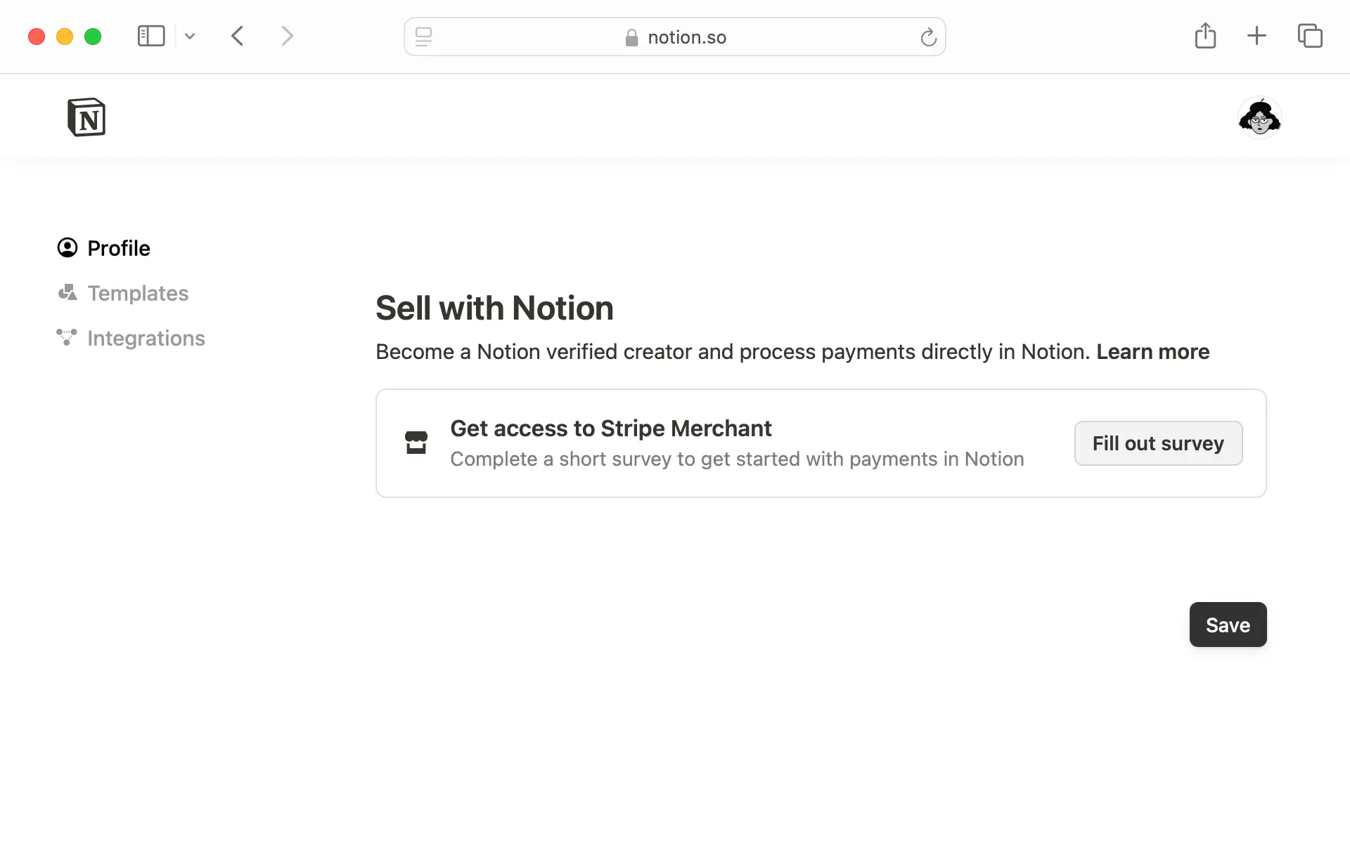 Si quieres vender a través de Notion, completa el cuestionario para obtener acceso a Stripe Merchant.