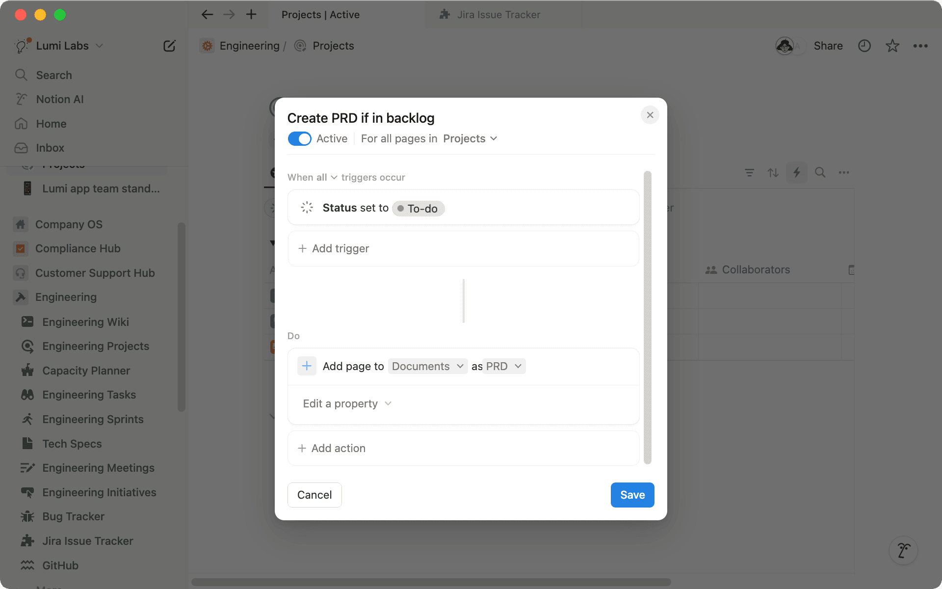 Agrega automáticamente una nueva página que contenga una plantilla de PRD cuando alguien cree una nueva épica en Jira