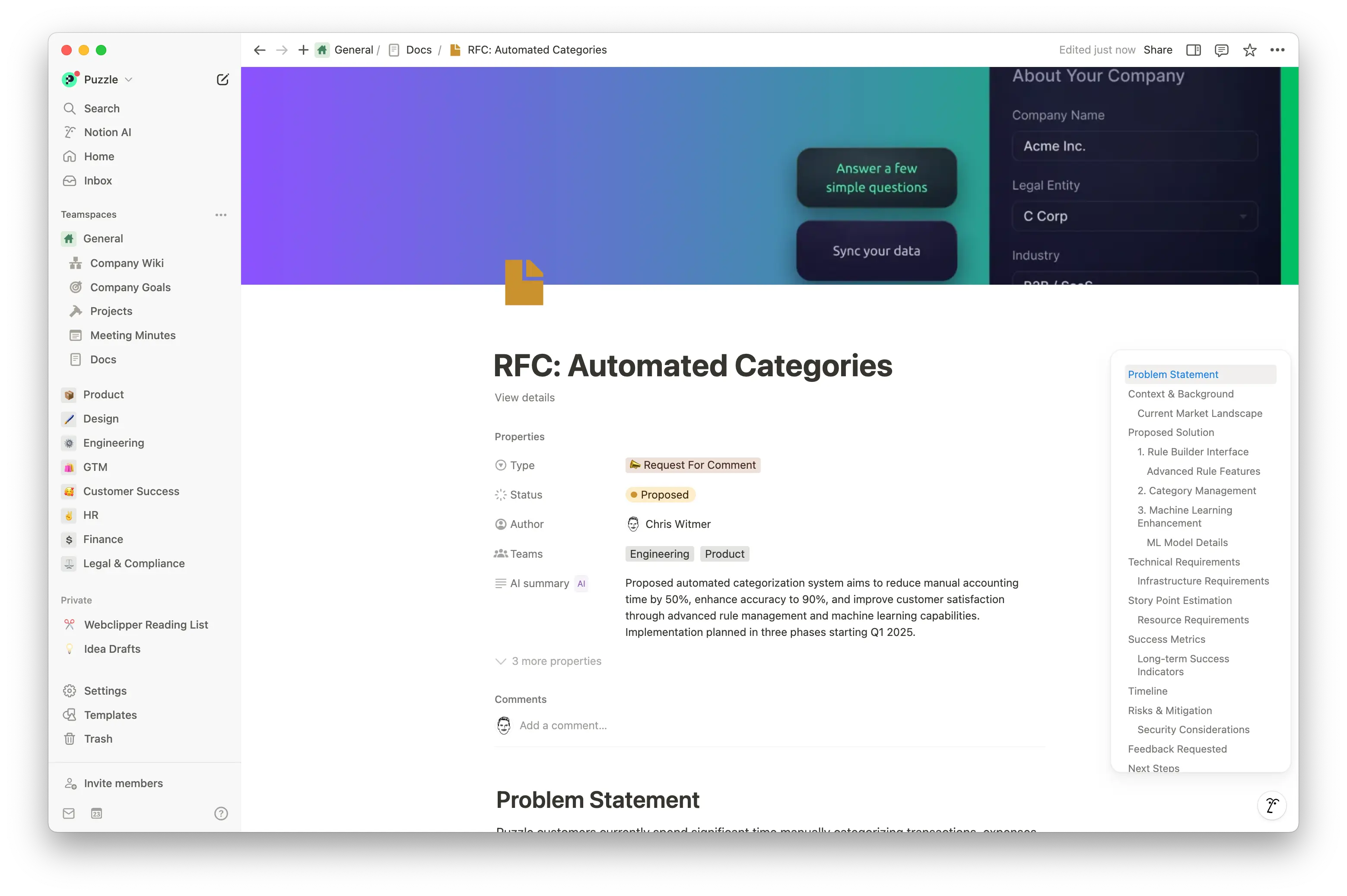 Los documentos de solicitud de comentarios (RFC) en Notion brindan una estructura clara, colaboración en tiempo real, vínculos con documentos y  decisiones informadas. Así, todos los comentarios quedan bien ordenados y aceleramos el proceso de ejecución.