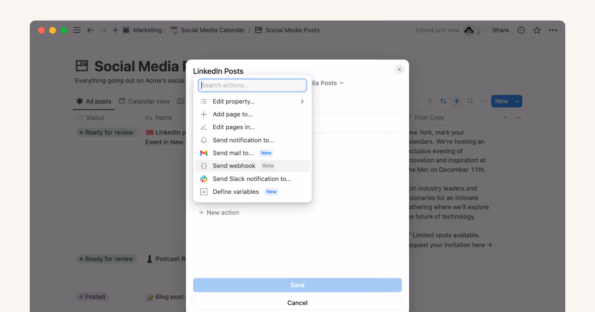 Publica en redes sociales desde Notion con las acciones de webhook