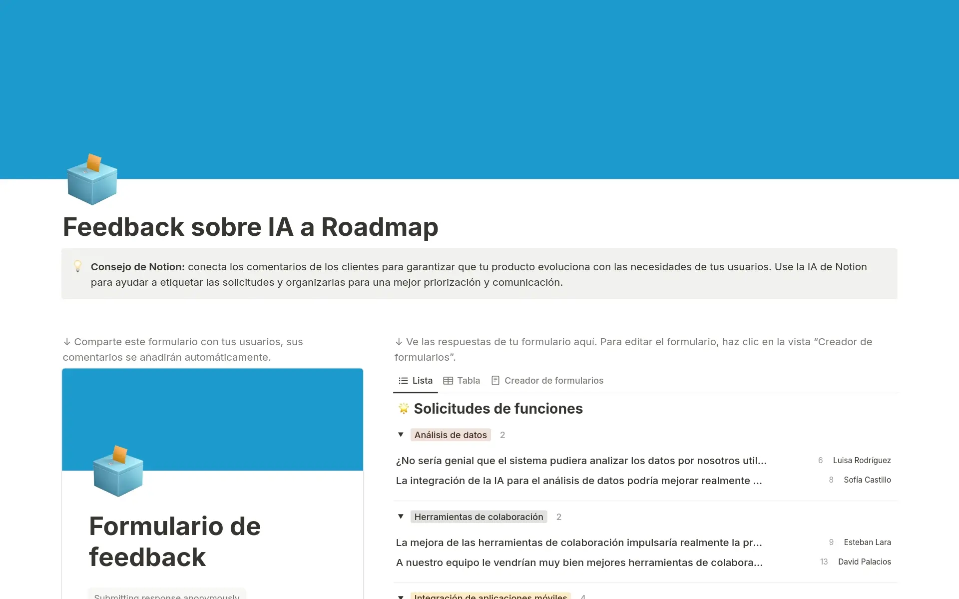 Vista previa de una plantilla para Seguimiento de feedback a roadmap